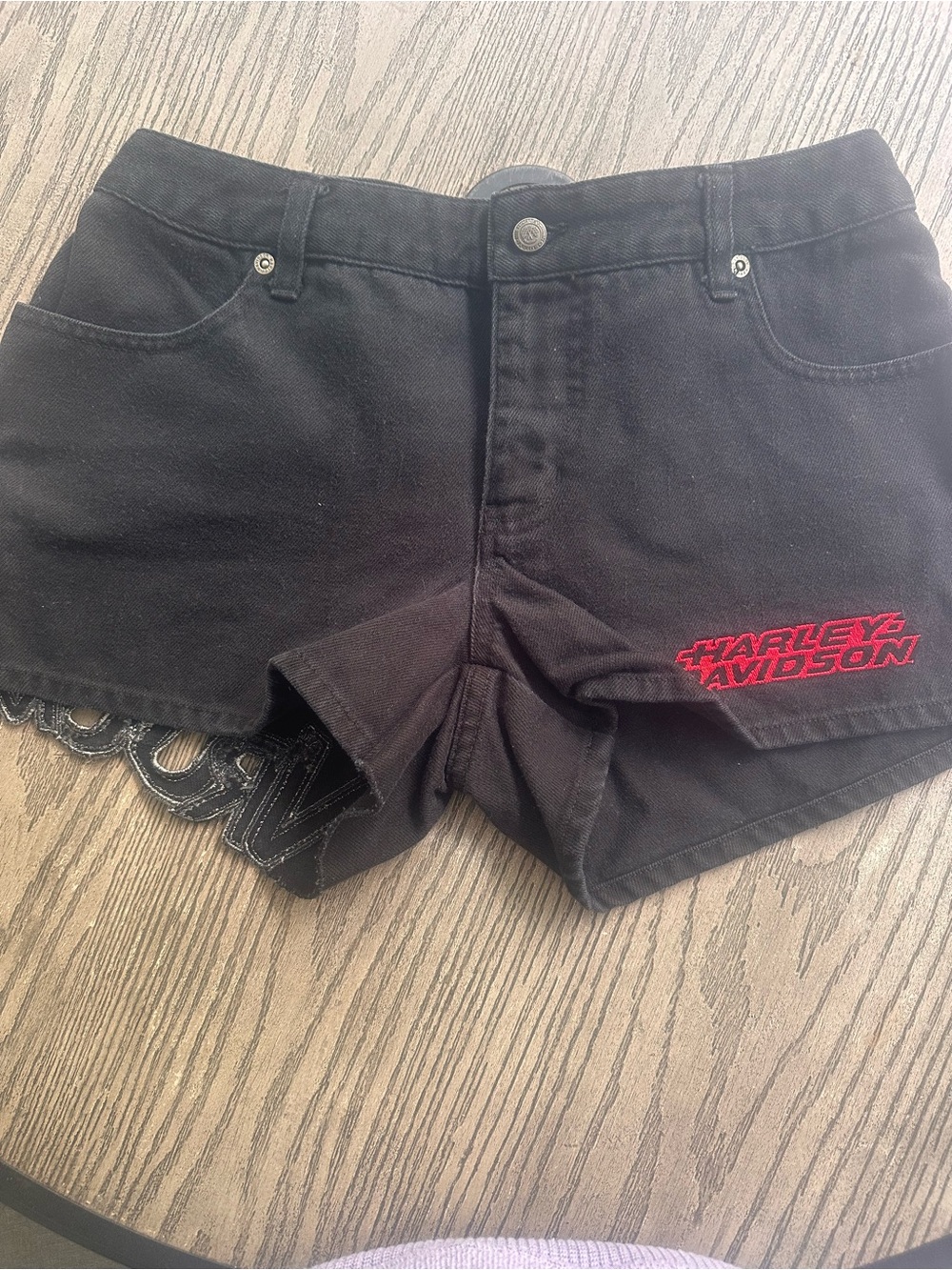 Vintage Rare Harley Davidson Black Denim Shorts Vroom Embroidered Cut Out Size 4